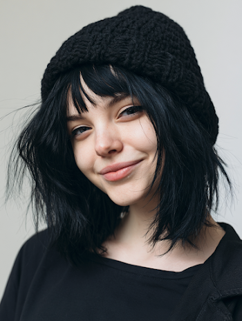 Playful Young Woman in Edgy Streetwear with Crochet Beanie