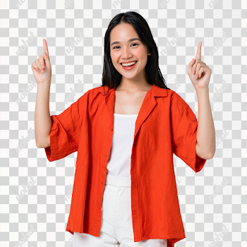 PNG Cheerful Young Asian Woman Smiling in Bright Orange Shirt