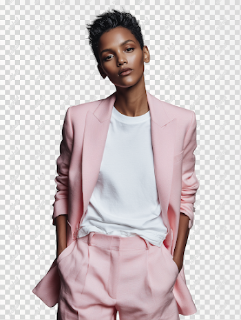 PNG Modern High-Fashion Portrait of a Woman in Pastel Pink Suit