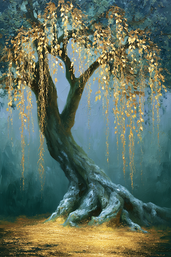 Sacred Tree of Life in Shimmering Gold Rain