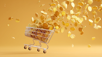 Save Money: Shopping Cart Overflowing with Golden Coins