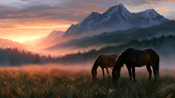 Serene Horses Grazing at Sunset