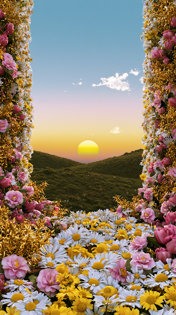 Serene Sunset Framed by Vibrant Blooms