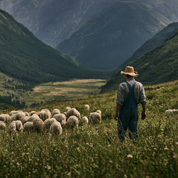 Shepherd Herding Sheep in a Mountain Valley