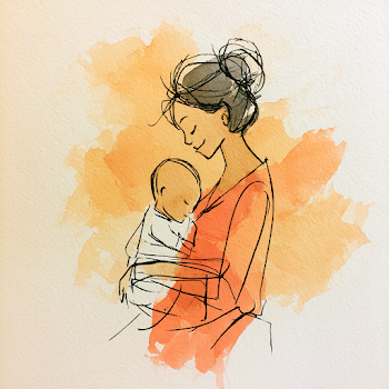 Smiling African American Mother and Child Line Drawing