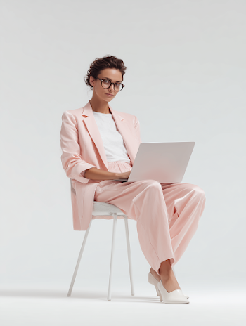 Smiling Businesswoman in Pink Suit Working on Laptop