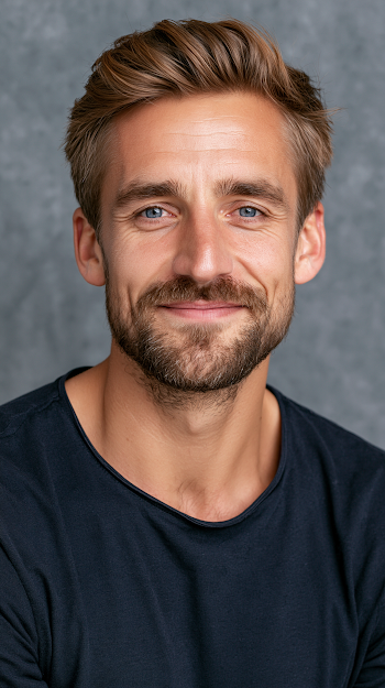 Smiling European Male in Minimalist Navy Shirt