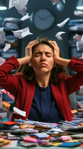 Stressed Young Professional Woman in Chaotic Office