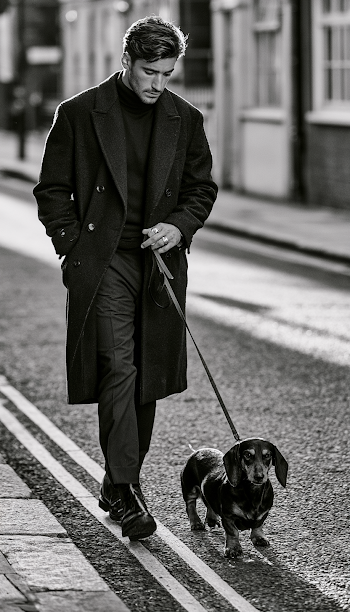 Stylish Male Model in Motion with Sausage Dog