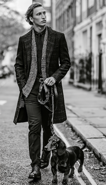 Stylish Male Model with Sausage Dog in Urban Setting