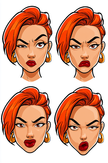 Stylized Cartoon Emoji Set of a Woman with Vibrant Orange Hair