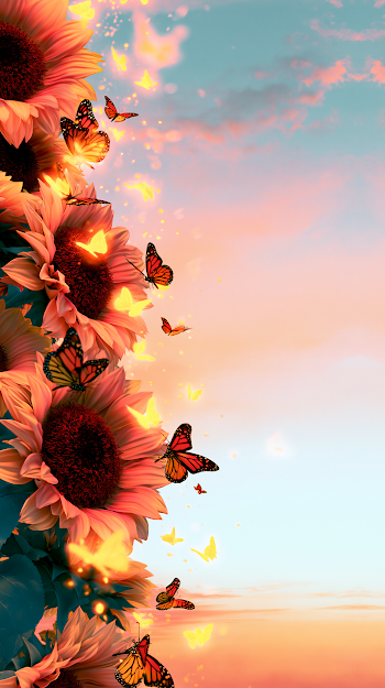Surreal Summer Landscape with Sunflowers and Butterflies