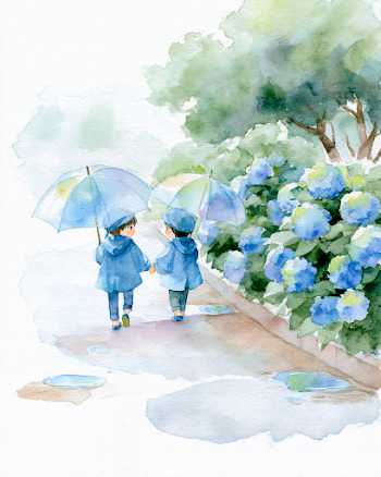 Two Children in Raincoats Walking Hand in Hand