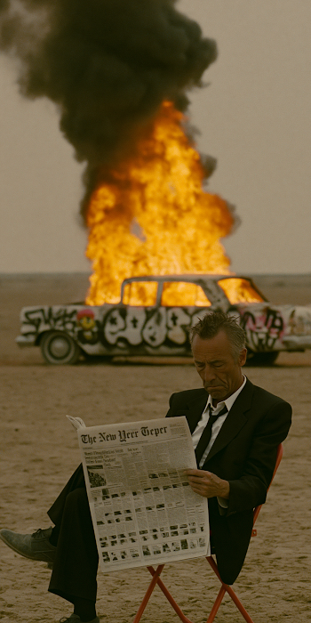 Unfazed in Chaos: A Man Reading in the Desert