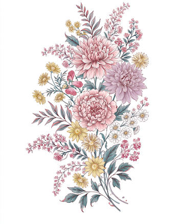 Vibrant Botanical Illustration of Peonies and Daisies