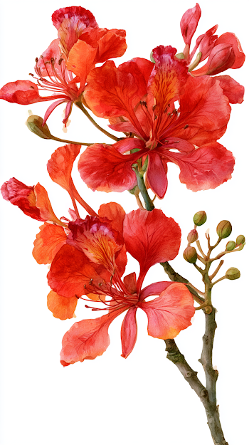 Vibrant Royal Poinciana Branch Watercolor Painting