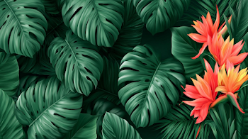 Vibrant Tropical Foliage with Bird-of-Paradise Flowers