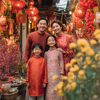 Vietnamese Family Celebrating Lunar New Year at Tet Market