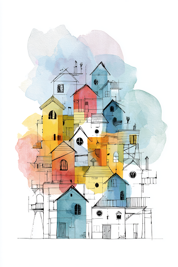 Whimsical Colored Houses in Pastel Watercolors