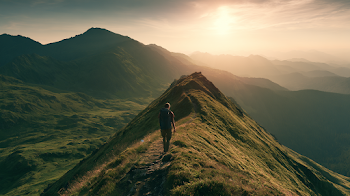 Young Hiker on Mountain Ridge at Golden Hour