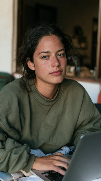 Young Latin American Woman Working Calmly on Laptop
