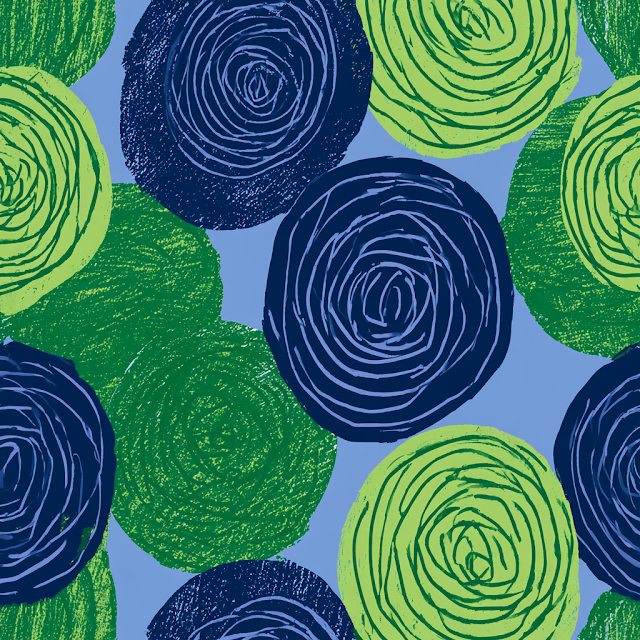 Abstract Floral Rose Pattern in Green and Cobalt