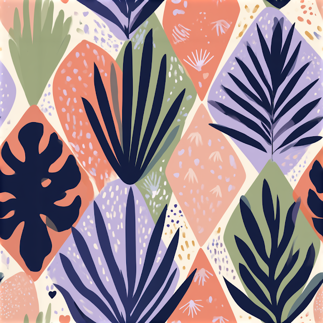 Abstract Tropical Leaves Pattern in Navy and Coral