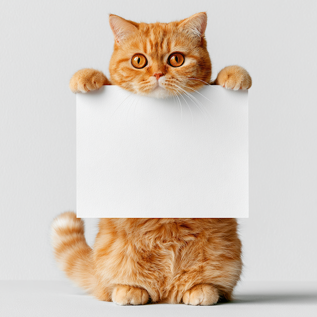 Adorable Fluffy Orange Tabby Cat Holding Blank Sign