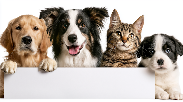 Adorable Pets Peeking Over a Blank Banner