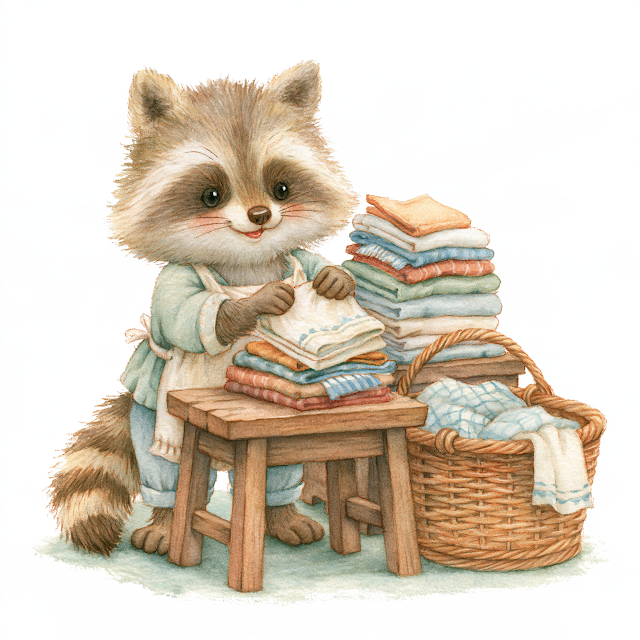 Adorable Raccoon Folding Laundry in Woodland Home