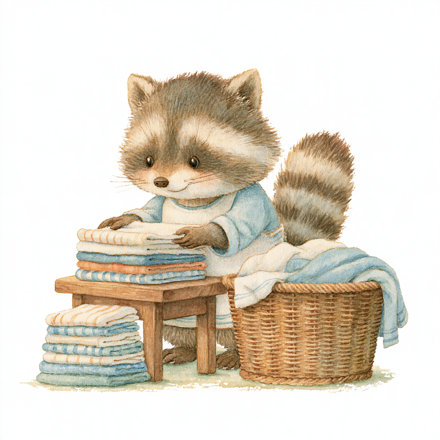 Adorable Raccoon Folding Laundry in Woodland Home