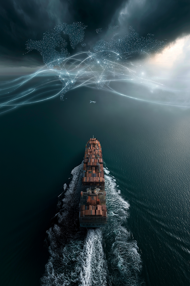 Aerial View of Cargo Ship with Global Trade Network