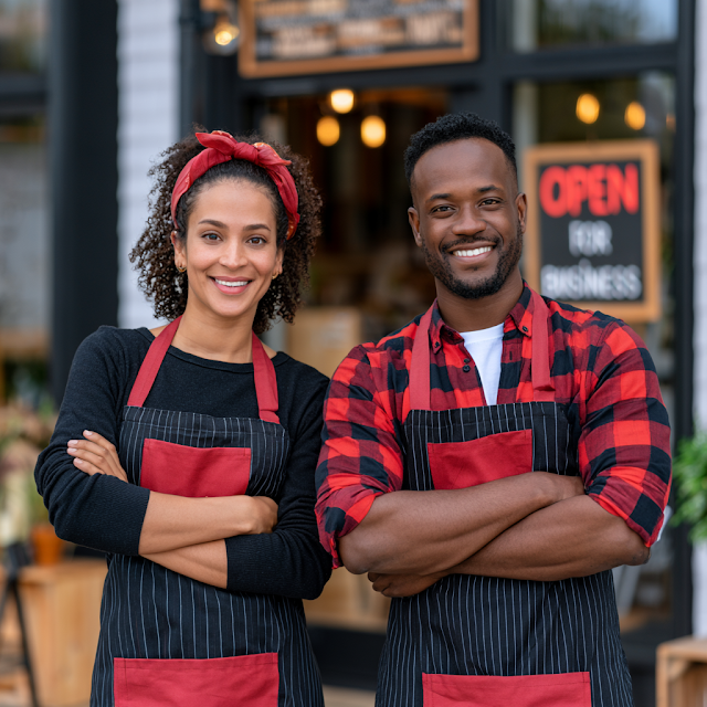 African American Business Owners Smiling with Customers in Front of Open Store