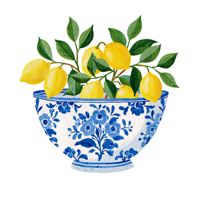 Artisanal Blue and White Majolica Lemon Bowl Illustration