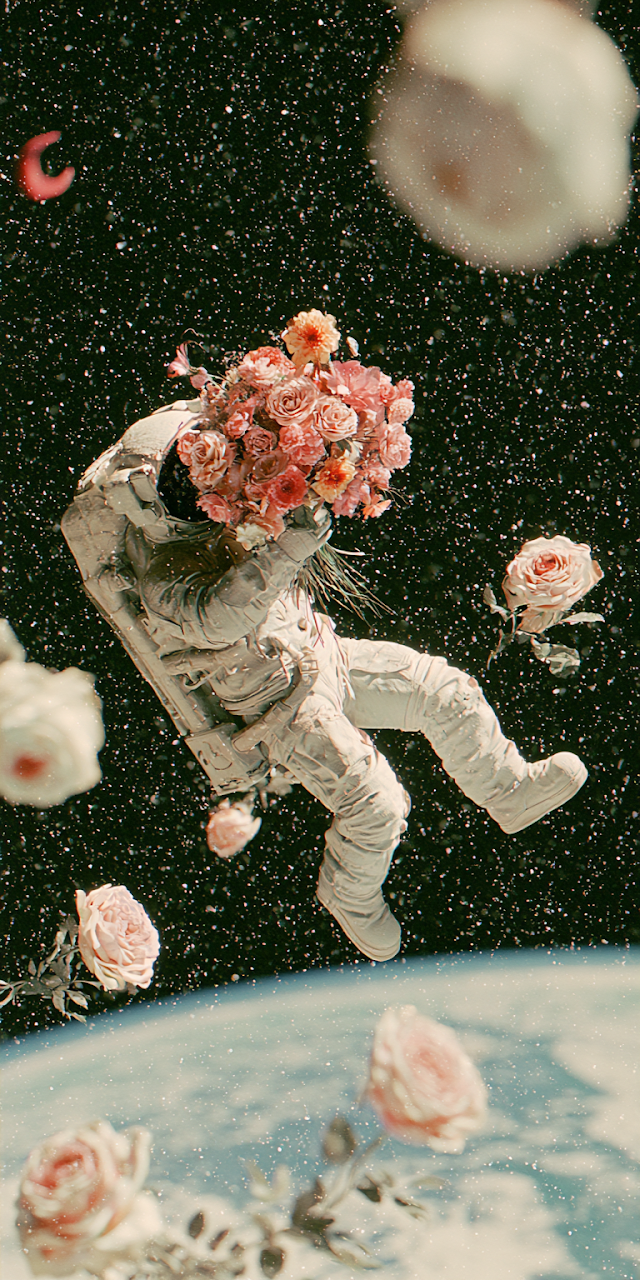 Astronaut in Space with Vibrant Floral Bouquet