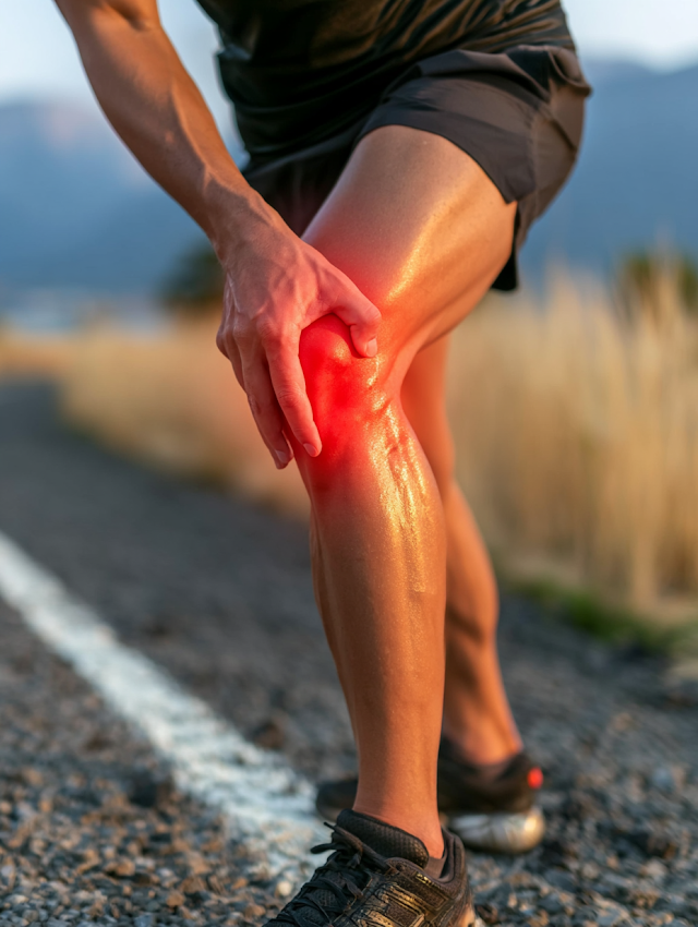 Athletic Male Runner Suffering Knee Injury on Mountain Road