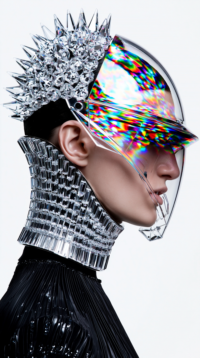 Avant-Garde Woman in Transparent Crystalline Helmet