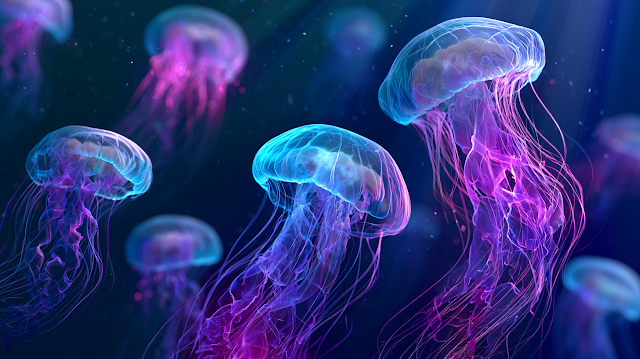 Bioluminescent Jellyfish in Deep Indigo Ocean