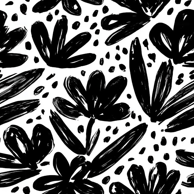 Bold Black Ink Floral Pattern on White Background