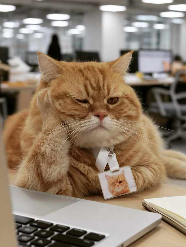 Bored Orange Tabby Cat at Office Desk