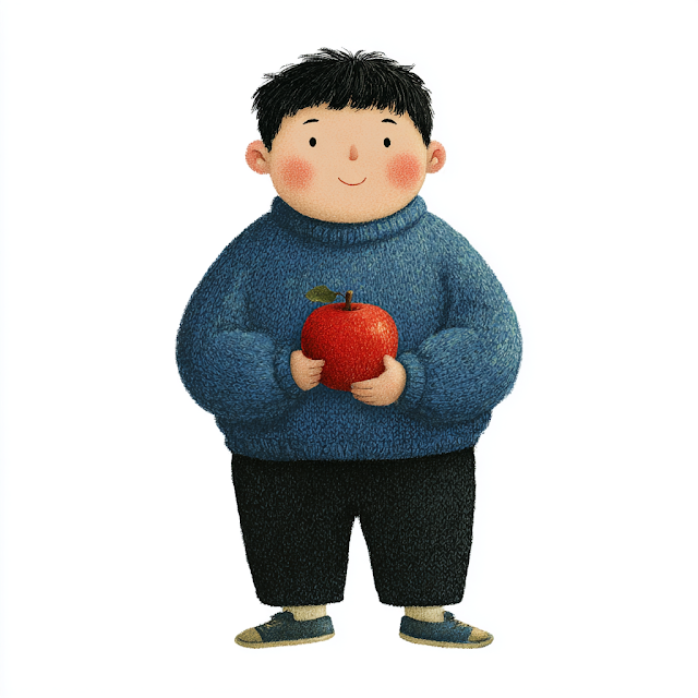 Charming Asian Boy with Apple in Children's Illustration Style