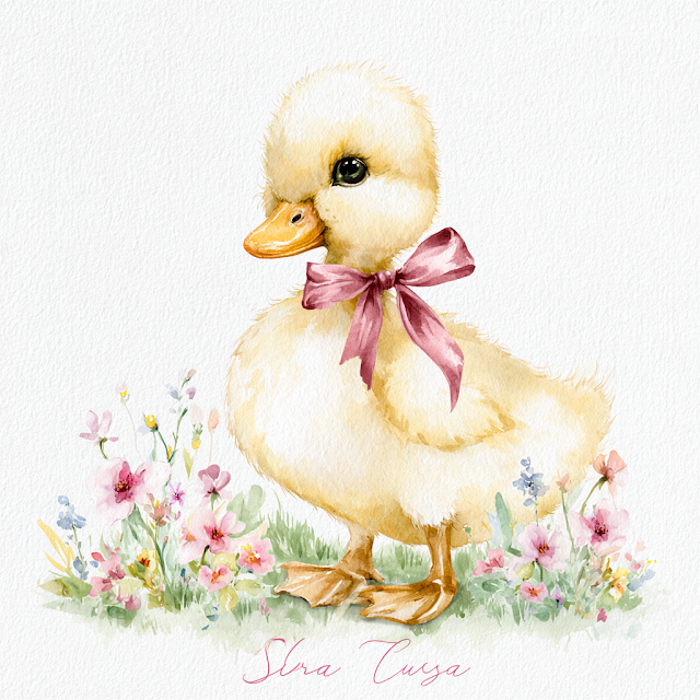 Charming Baby Duckling with Dusty Rose Ribbon in Floral Meadow
