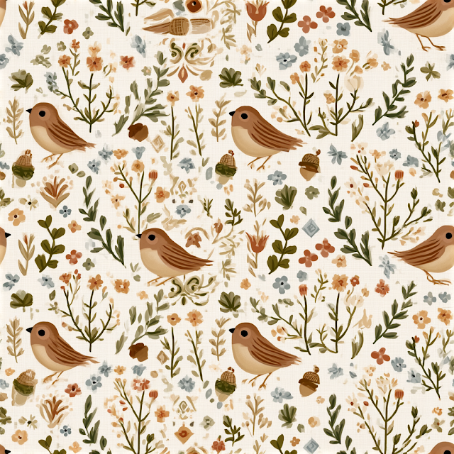 Charming Folk Art Pattern with Sparrows and Wildflowers