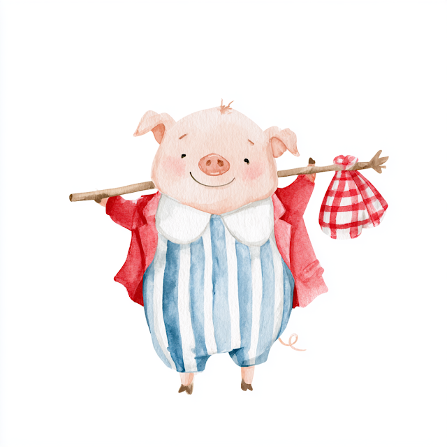 Charming Watercolor Pig Character in Edwardian Attire