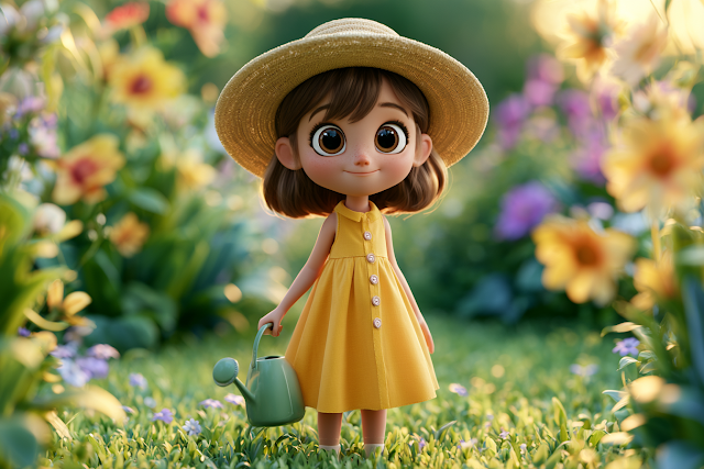 Cheerful Cartoon Girl in Sunny Garden