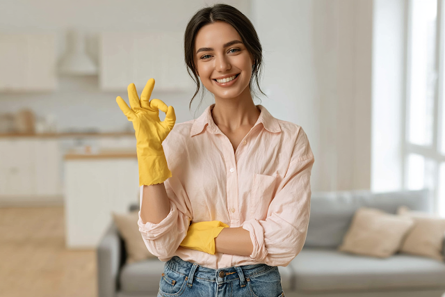 Cheerful Young Woman in Casual Home Cleaning Setting