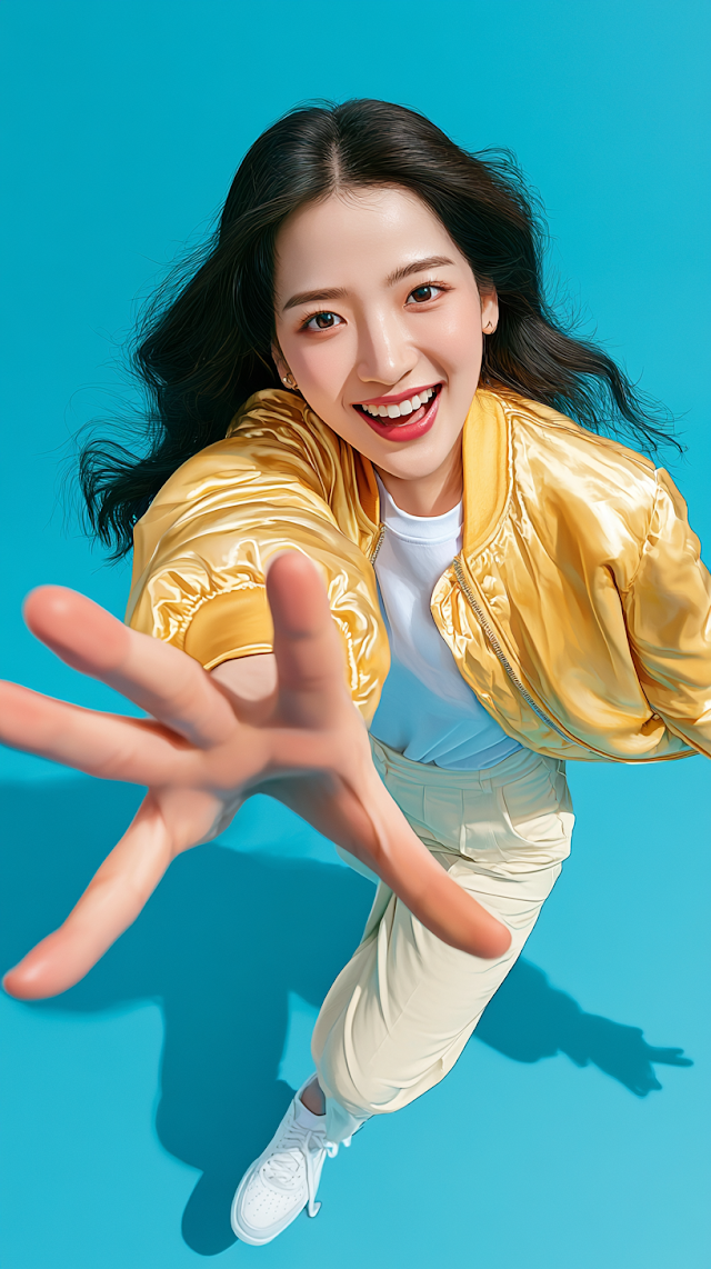 Cheerful Young Woman in Playful Selfie with Bright Yellow Bomber Jacket