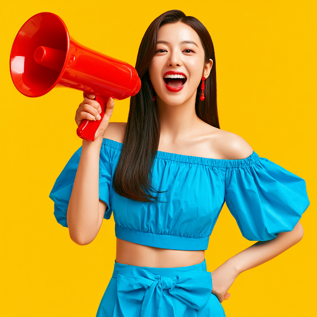 Cheerful Young Woman with Megaphone in Vibrant Studio Portrait
