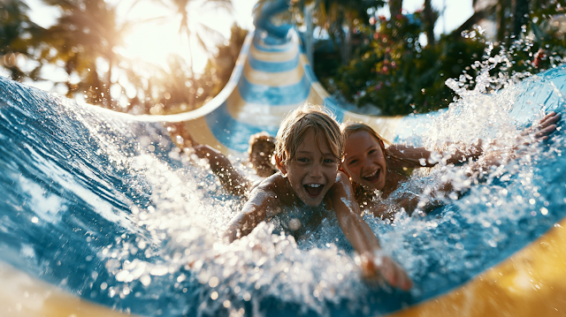 Children Splashing Down a Water Slide at a Family Resort