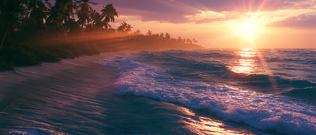 Cinematic Aerial View of a Tropical Beach at Sunset
